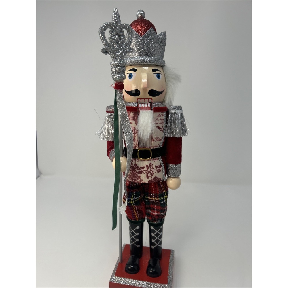 15" Christmas Nutcracker Figurine in Red Plaid & Silver Glitter Regal Holiday